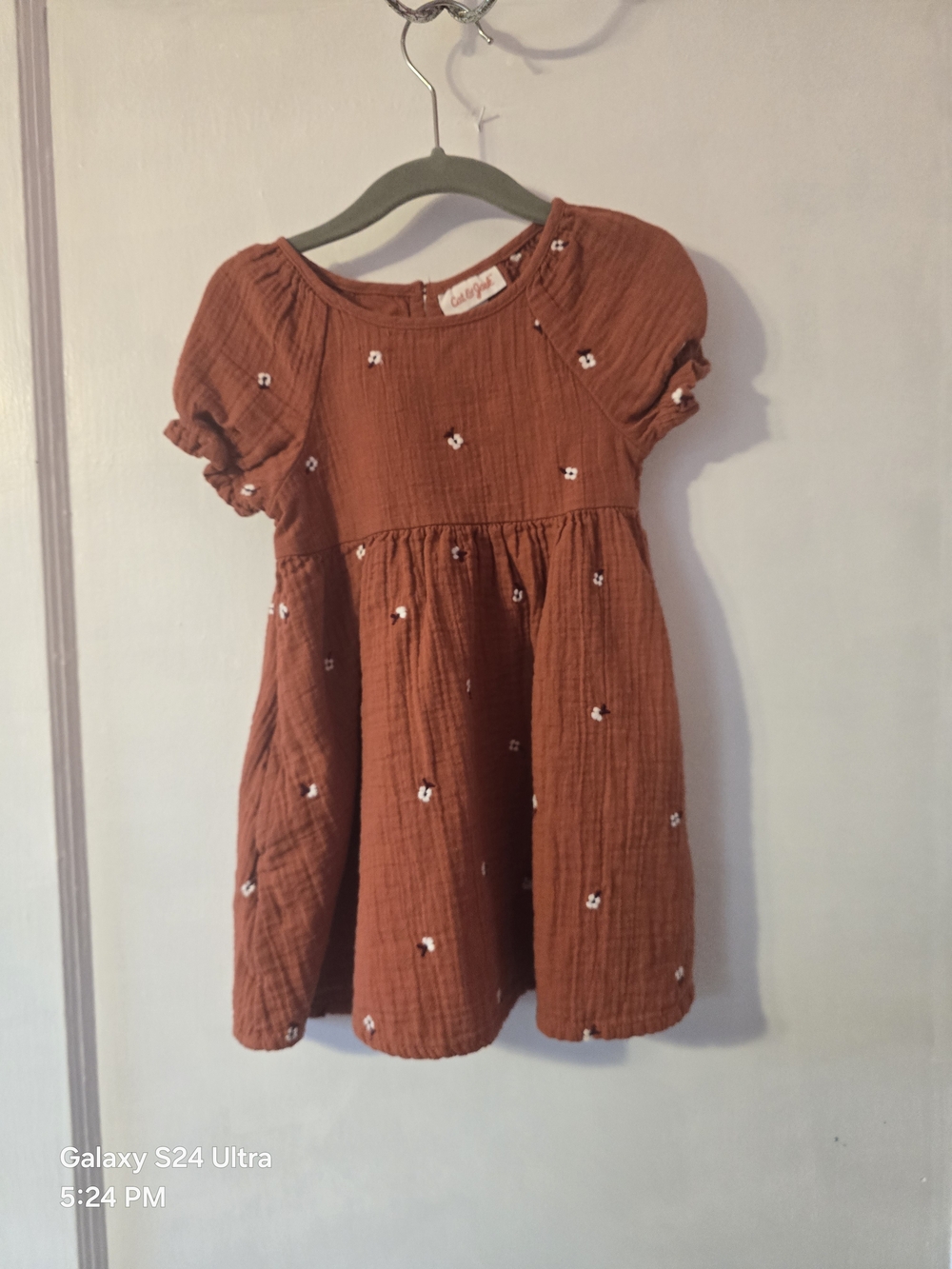Carter's Rust Orange Cotton Gauze Dress with White Floral Embroidery